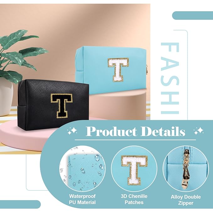 Small Personalized Initial A-Z Preppy Patch Makeup Bag,PU Chenille Letter Travel Cosmetic Pouch with Zipper,Blue Cute Toiletry Bag,Gift Ideal for Teen Girls Women Teacher Bridesmaid,Letter T