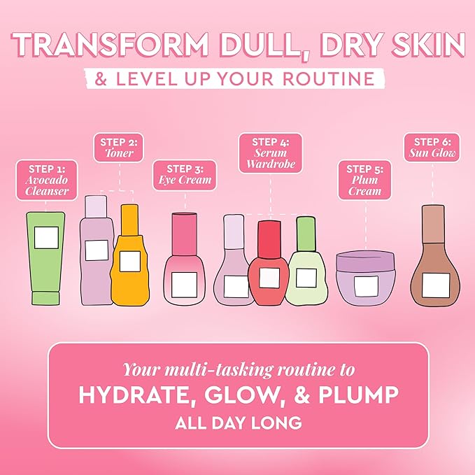 Glow Recipe Library Skincare Gift Set - Avocado Face Wash + Face Serum + Facial Toner + Guava Eye Cream + Hyaluronic Acid Moisturizer + Dew Drops + Strawberry Smooth Serum + 2 Hair Clips (10 Count)