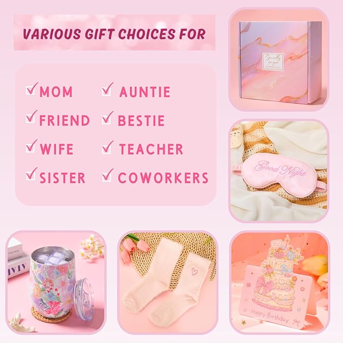 Birthday Gifts for Women Happy Birthday Gift Basket Bath Set for Friend Her Female Wife Girlfriend Daughter Sister Coworker Teacher Unique Pink Rose Tumbler