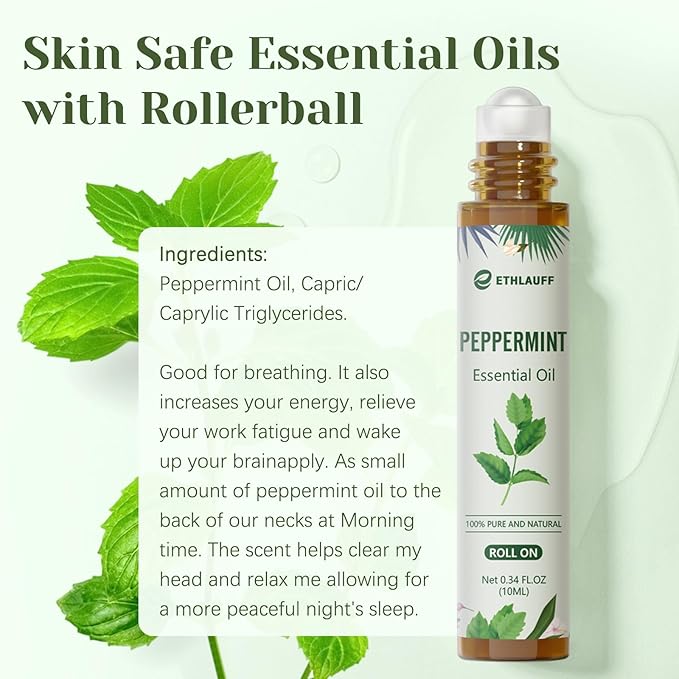 Peppermint Essential Oil Roll On, Natural & Prediluted Oil Blend Roller with Fresh Minty Aroma - Aromatherapy & Headache Relief