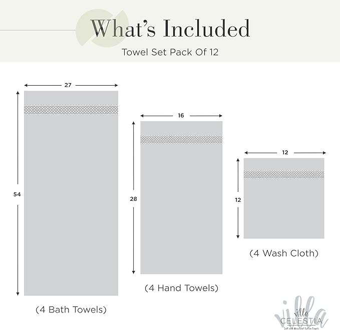 100% Cotton Bath Towel Set of 12-4 Bath Towels, 4 Hand Towels, 4 Wash Cloths, Sustainable, Soft, Highly Absorbent, Combed Cotton 12 Piece Set for Hotels, Spa, Bathroom, Dorm, Sage