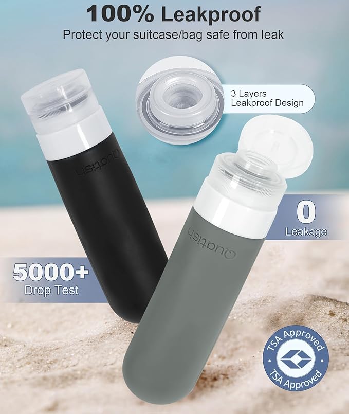 Quatish Travel Bottles for Toiletries 6 Pack, Original Patented Leakproof 3 oz Tsa Approved Travel Size Containers, BPA Free Silicone Shampoo and Conditioner Bottles, Camping Essentials, Black