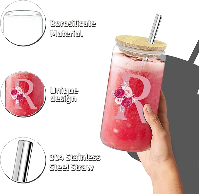 Monogrammed Gifts for Women,Personalized Gifts for Women,Initial Canvas Tote Bag,16oz Initial Glass Cup,Initial Makeup Bag,Initial Jewelry Organizer Box,Birthday Gifts for Aunt Niece-R