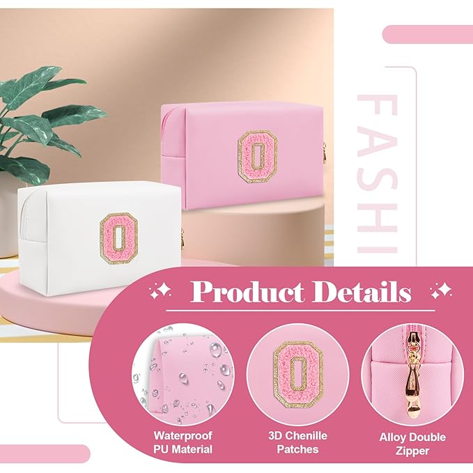 Personalized Initial A-Z Preppy Patch Makeup Bag,Small PU Leather Chenille Letter Cosmetic Bag with Zipper for Teen Girls,Pink Cute Travel Toiletry Bag,Birthday Monogrammed Gift for Daughter,Letter O