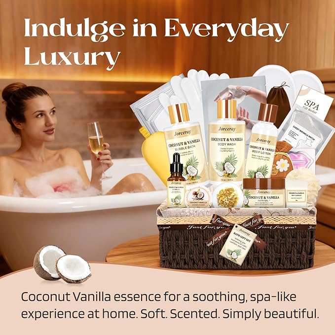 Bath and Body Gift Basket Set for Women - Coconut Vanilla Spa Gift Basket for Women 22pcs Luxury Bath Gift Set with Shower Gel Self Care Pampering Gifts for Mothers Day, Christmas, Birthday Gifts