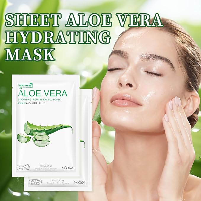 10 Sheets Face Masks Skincare, Aloe Vera Hydrating Face Mask Skincare For Dry, Oily, Sensitive Skin, Aloe Facial Masks Skin Care Sheet For Moisturizing, Soothing