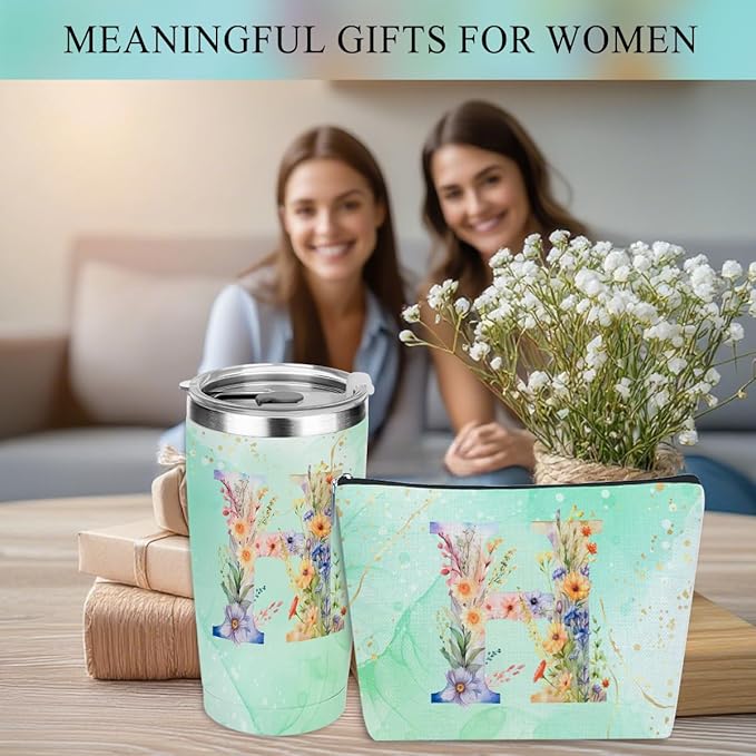 Personalized Gifts Monogrammed Birthday Gifts for Women, Bridesmaid Bachelorette Party Christmas Initial 20 oz Tumbler, Makeup Bag Cup Ballpoint Pens Journal Notebook 6 Set, (Aesthetic Green Flower H)