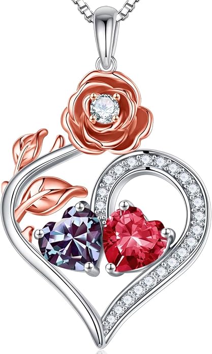Iefil Rose Heart Birthstone Necklaces for Women - 925 Sterling Silver Double Birthstone Necklace, Anniversary Birthday Gifts for Women, Jewelry Gifts for Wife Her