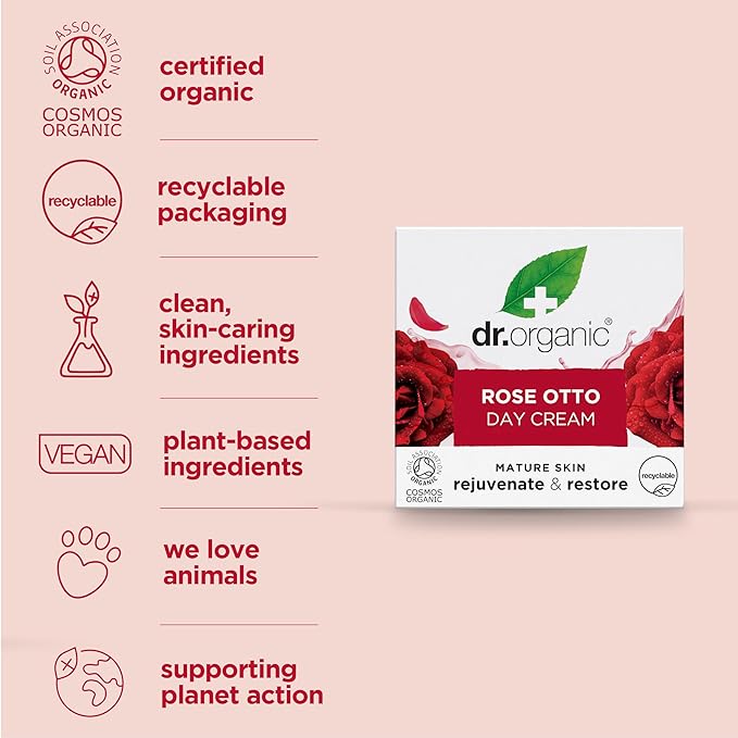 Dr. Organic Rose Otto Day Cream | Hydrates and Rejuvenates, Supports Healthy-Aging, Natural, Certified Organic, Paraben & SLS-Free, 50 mL / 1.7 fl oz