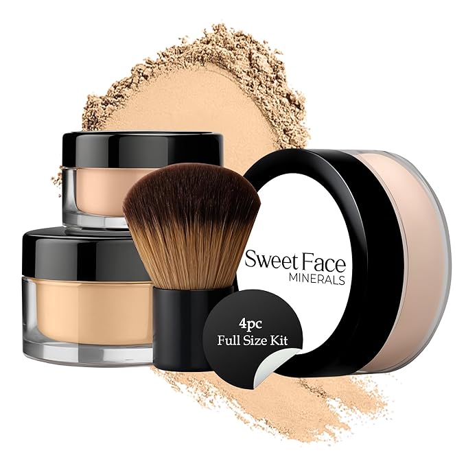 4pc Full Size Kit (Warm Shade) Mineral Makeup Matte Translucent Loose Foundation + Kabuki Brush + Concealer + Finishing Setting Powder + Bare Face Full Coverage SPF 30 All Skin Types Waterproof