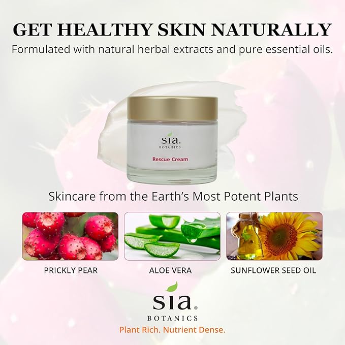 Sia Botanics Rescue Face Cream (65g/2.3oz Glass Jar) | Facial Moisturizer w/Prickly Pear Cactus, Aloe Vera, Green Tea Extract | Natural, Clean, Botanical Skincare for Women