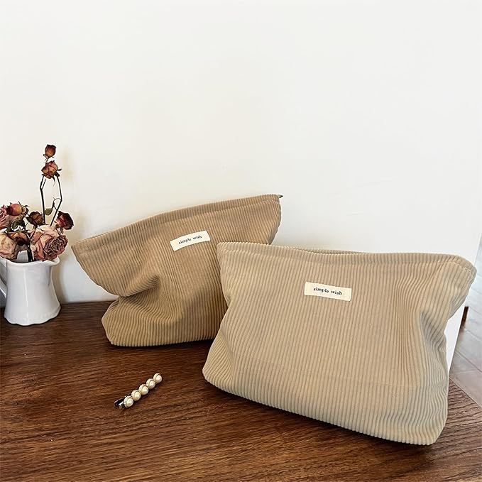 Wudygirl Makeup Bag Corduroy Cosmetic Bag for Women Large Capacity Makeup Pouch Travel Toiletry Bag Portable Makeup Organizer Zipper Handbag Pouch (Khaki)