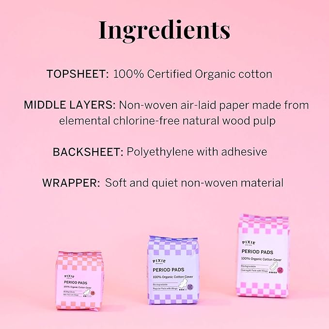 Pixie Organic Cotton Mini Pads with Wings for Women & Teens - Ultra Thin, Light Absorbency Menstrual Pads - Hypoallergenic, Unscented & Biodegradable - 16 Count