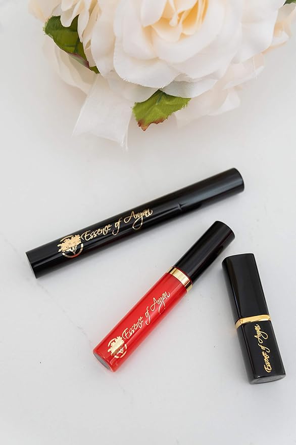 Essence of Argan Moisturizing Lipstick, Nourishing Lip Gloss & Lash Conditioner Mascara with 100% Pure Organic ECOCert Argan Oil - Voluptuous Sexy Lips & Longer Stronger Lashes Makeup Set