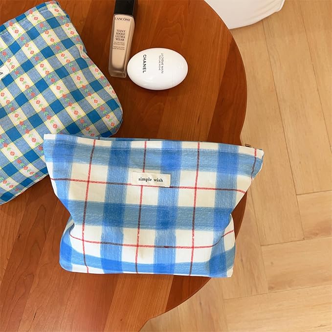 Wudygirl Makeup Bag Canvas Cosmetic Bag for Women Aesthetic Makeup Organizer Travel Makeup Pouch Toiletry Bag Pouches for Purse Cute Zipper Pouch Handbag (Blue White Line)