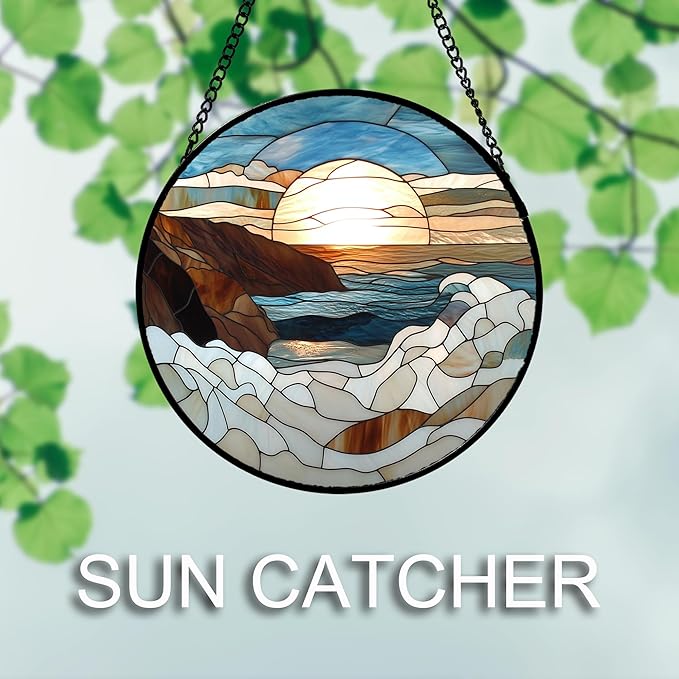 Stained Glass Window Hanging 4 Pcs Set Ocean Waves 6.3" - Blue and White Sea Suncatcher Door Garden Sun Catcher Decor Birthday Christmas for Mom Woman Nana Men