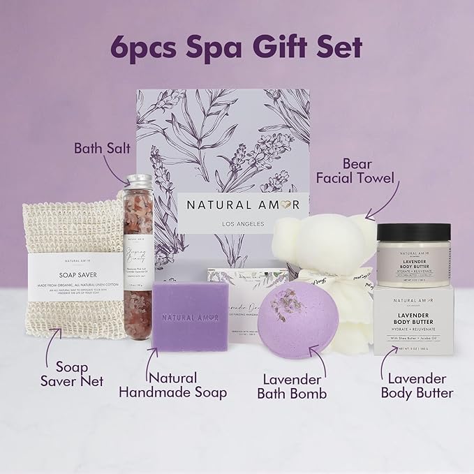 Natural Amor Lavender Spa Gift Set 6 PCs– Handmade Self-Care Box with Body Butter, Bath Bomb, Soap, Bath Salt, and More – Relaxing Lavender Gift for Women