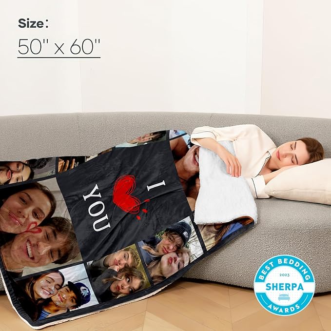 DayOfShe Thicker Sherpa Photo Blankets Custom Love Gifts for Wife Husband Anniversary, Personalized Couples Warm Fleece Photo Blanket Gifts for Girlfriend Boyfriend