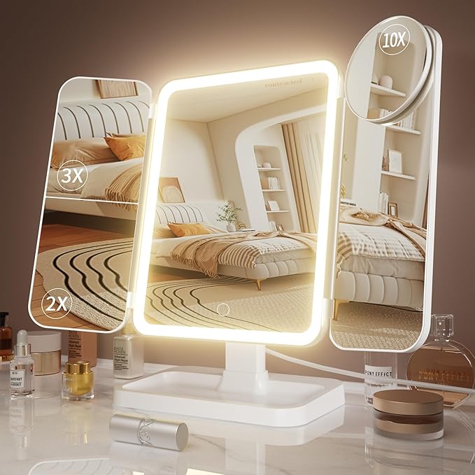 Vanity Mirror with Lights, Rechargeable Makeup Mirror with Magnification, 2X 3X 10X, 3 Colors Lights, Portable Travel Makeup Mirror, Gifts for Her Women