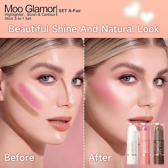 3-in-1 Highlighter,Blush and Contour Sticks Trio with Highlighter Stick Contour Stick and Blush Stick for Cheeks and Face Makeup (Set A Fair)
