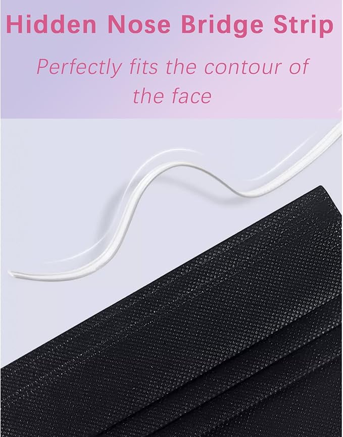 50 Pack Black Disposable Face Mask for Adults, Fashion 3-Ply Breathable Earloop Full Face Protection for Women & Men