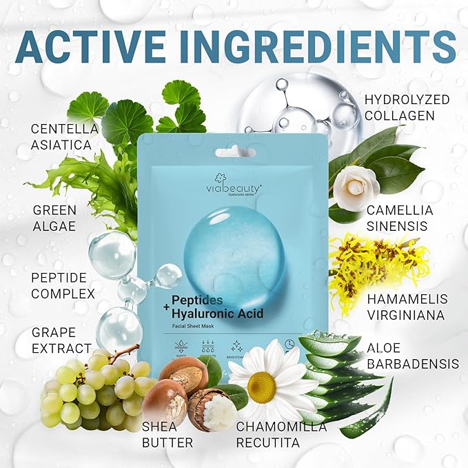 12 Pack of Hyaluronic Acid Face Mask with Peptides Complex - Deep Hydrating & Brightening Facial Sheet Mask - Moisturizing Face Masks Skincare Facial Sheets for All Skin Types