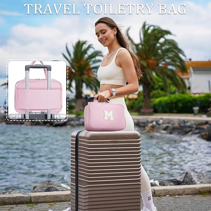 YOOLIFE Hanging Toiletry Bag for Women - Travel Toiletry Bag Makeup Bag, Portable Toiletries Cosmetic Bag, Airplane Travel Essentials - Letter T, Pink