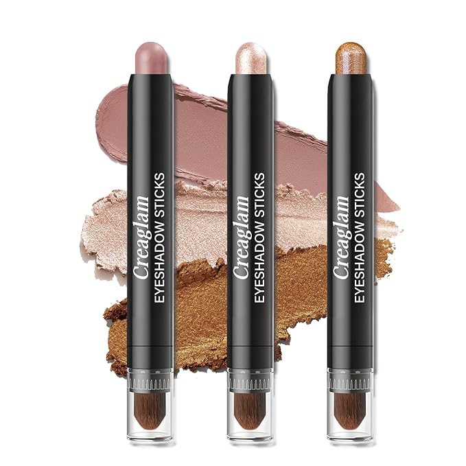 Eyeshadow Stick 3Pcs Set, Waterproof & Crease-Proof, Easy Blendable Makeup Pencil for Beginners, Color Includes Matte Dusty Pink & Shimmer Peach & Fenugreek, 1.9g Each Stick