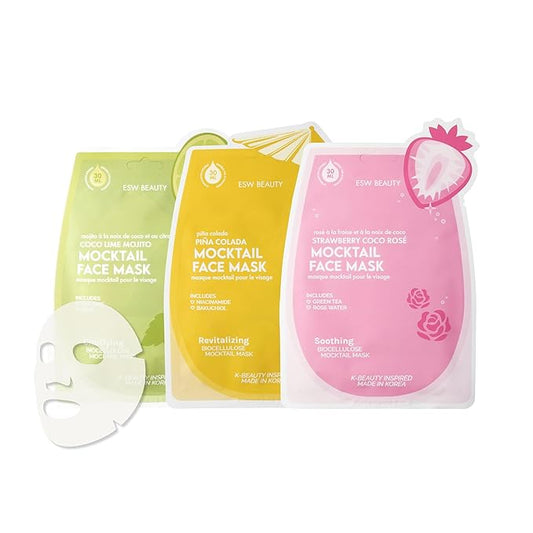 ESW Beauty Mocktail Face Mask Set - 3-Pack Vegan Face Masks for Hydrating, Revitalizing & Calming Skin - Includes Coco Lime Mojito, Strawberry Coco Rosé & Piña Colada Biocellulose Masks