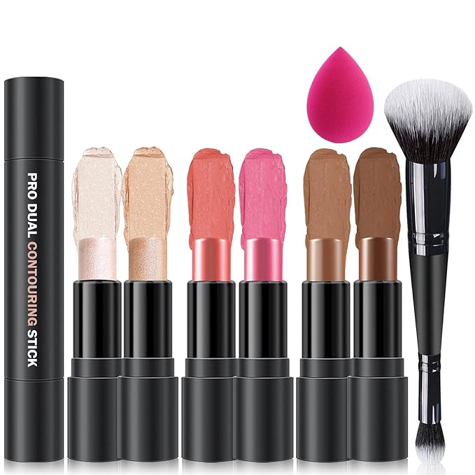 6 Colors Cream Contour Stick Makeup Kit,Double-ended Cream Bronzer,Highlighter,Blush Stick,Lightweight Contour Makeup Kit for Sculpt the Cheeks,Waterproof Contorno Maquillaje - Set C