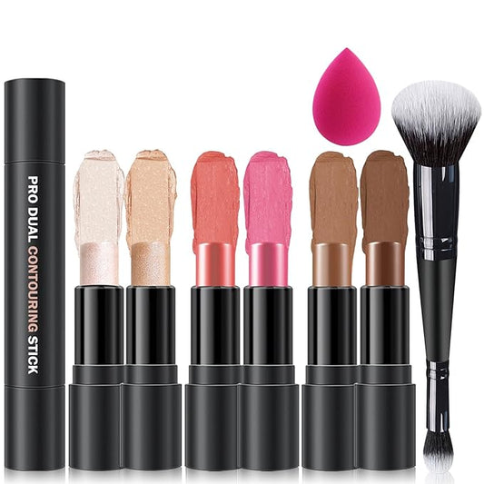 6 Colors Cream Contour Stick Makeup Kit,Double-ended Cream Bronzer,Highlighter,Blush Stick,Lightweight Contour Makeup Kit for Sculpt the Cheeks,Waterproof Contorno Maquillaje - Set C