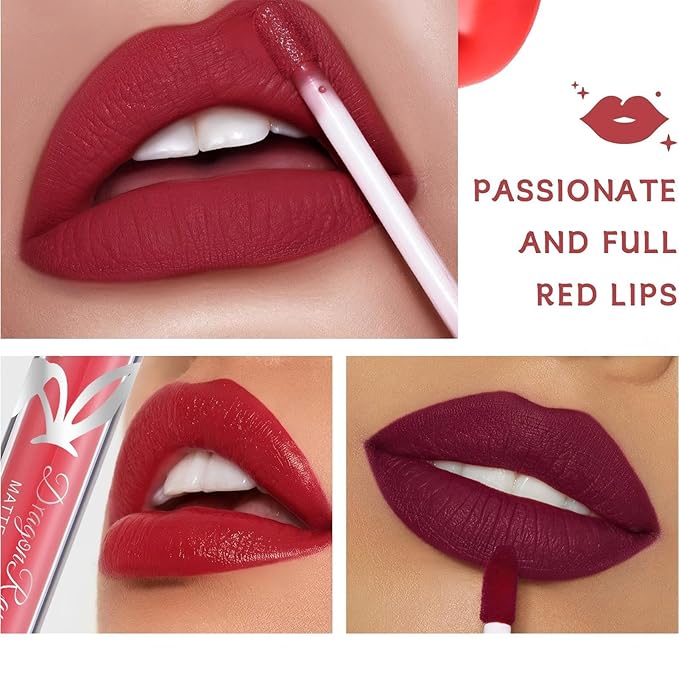 6 Pcs Matte Liquid Lipstick Set Red Lip Gloss with Long-Lasting and Waterproof Lipsticks for Women Lip Makeup Gift (Red Rabbit, 6 Pcs)