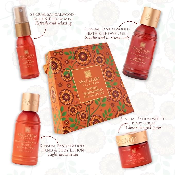 Spa Ceylon Sensual Sandalwood Discovery Set | Mind & Body Care Travel Size Set for All Skin Types | Body & Pillow Mist | Bath & Shower Gel | Hand & Body Lotion | Body Scrub