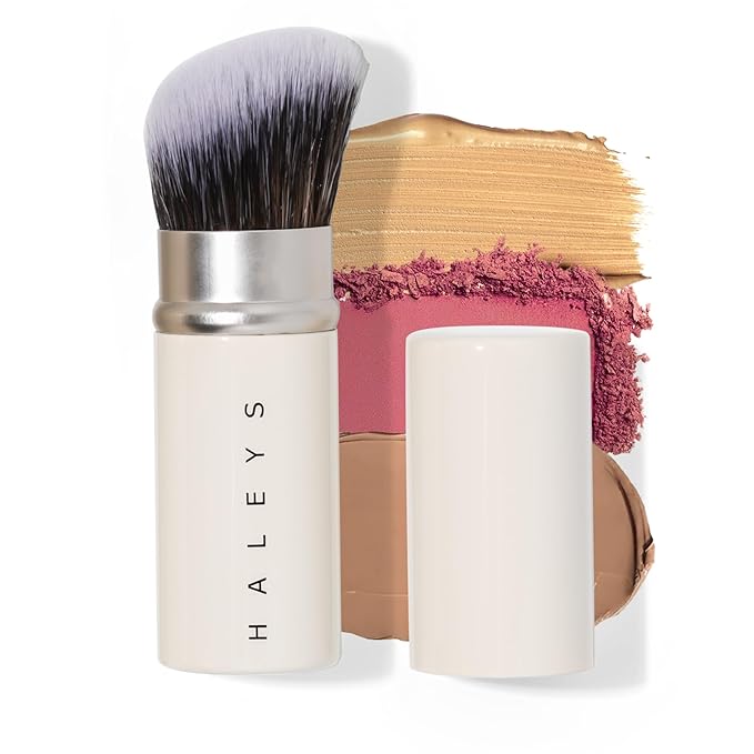 HALEYS Retractable Face Brush, VEGAN Dense, Angled Bristles & Adjustable Sleeve, Portable Makeup Brush for Quick, Easy Streak-Free Blending of Liquids, Creams, Powders, Travel-friendly Mess-Free Cap