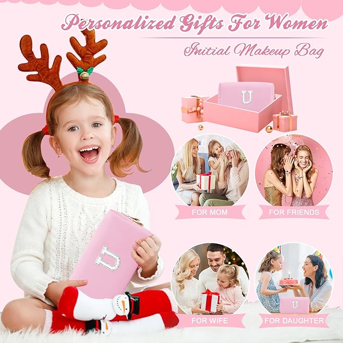 ChaoGreat Bride Gifts – Personalized Initial Makeup Bag with Pearl Rhinestone Patch, Preppy Pink Monogram Cosmetic/Toiletry Pouch, bridesmaid Gifts, Bridal Shower Gifts, Wedding Gifts, Bridal Gifts,U