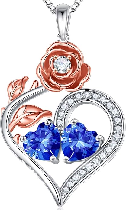 Iefil Rose Heart Birthstone Necklaces for Women - 925 Sterling Silver Double Birthstone Necklace, Anniversary Birthday Gifts for Women, Jewelry Gifts for Wife Her