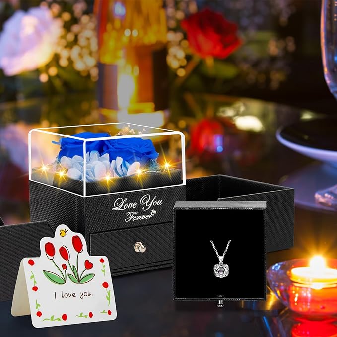 2 Preserved Real Rose with Heart I Love You Necklace- Eternal Rose Birthday Gifts for Women Wife Girlfriend Her Mom Grandma on Festivals Gifts Christmas Valentines Mothers Day Anniversary-Blue Rose