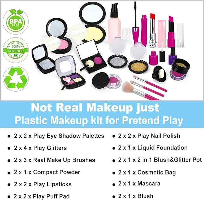 TEPSMIGO 2 Pack Pretend Makeup Kit for Girls, Kids Pretend Play Makeup Set - with Cosmetic Bag for Birthday Christmas, Toy Makeup Set for Toddler, Little Girls Age 3+(Not Real Makeup)