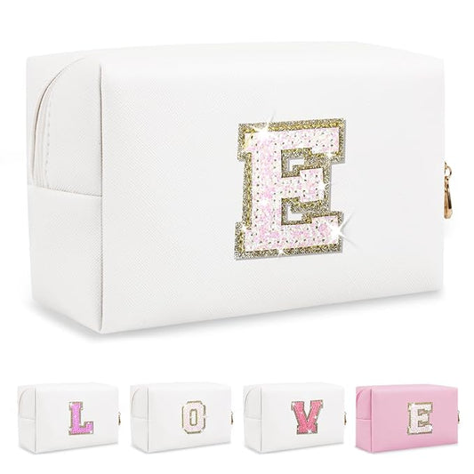 Small Initial Patch Makeup Bag Personalized Gifts Make Up Bag,White Cute PU Leather Glitter Letter Cosmetic Bag with Zipper,Trendy Portable Travel Toiletry Pouch,Preppy Stuff for Teen Girls Women E