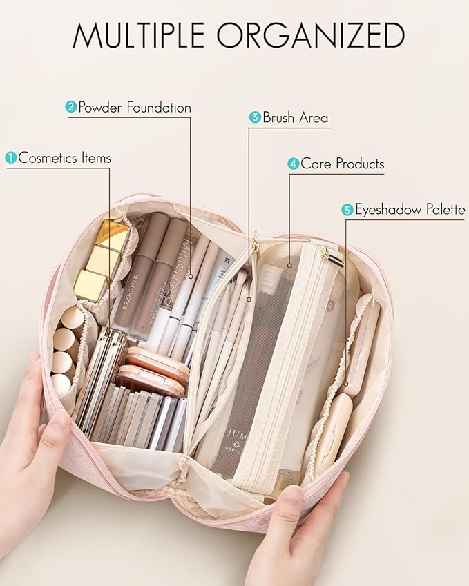 Vlando Makeup Bag,Large Capacity Toiletry Bag for Women Waterproof Portable Make up Pouch PU Leather Open Flat Cosmetic Bag(Sand Pink)