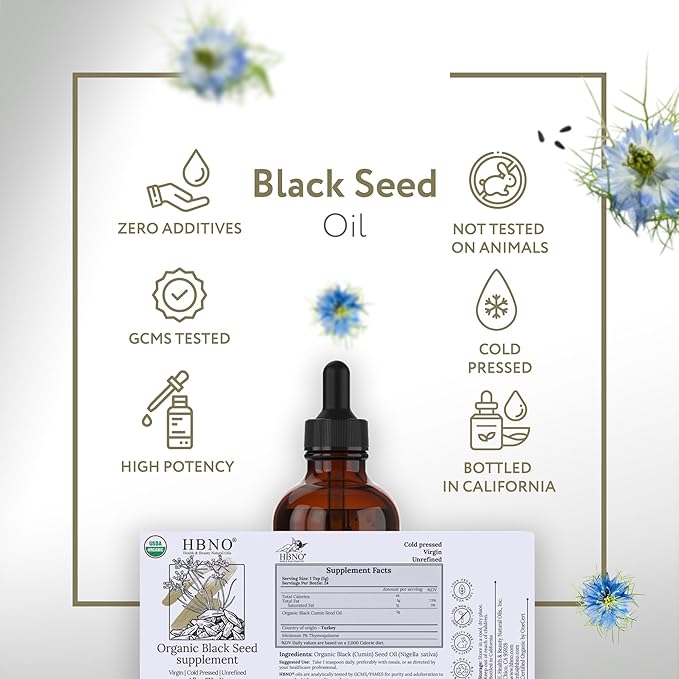 HBNO Organic Black Seed Oil - Huge 4oz (120ml) Glass Bottle Value Size - USDA Certified Organic Black Seed Oil, Cold Pressed for Face, Body, Lips, Shampoo & Conditioner