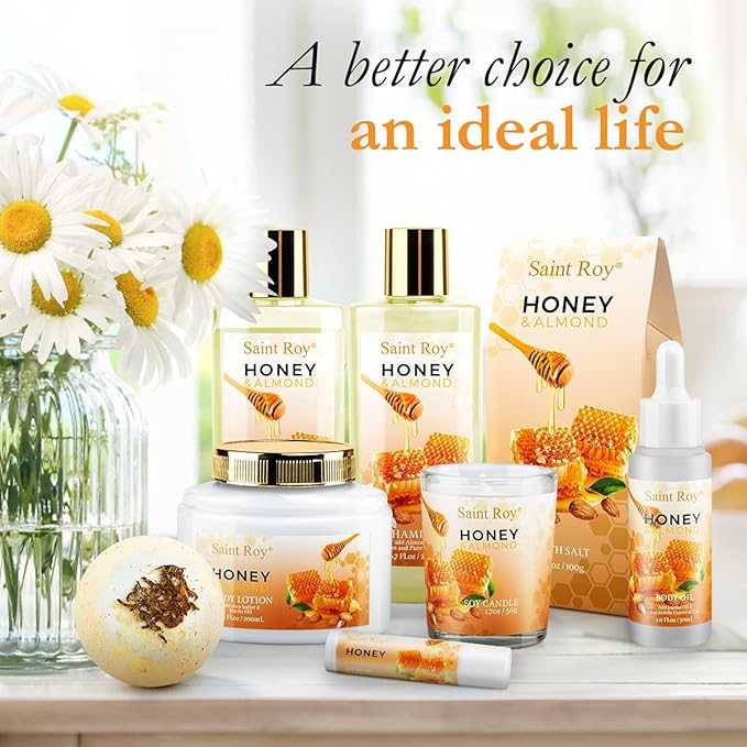 Fathers Day Gifts for Men Bath spa Gifts for Her Spa Gift Basket, Honey Almond Spa Basket Bath and Body Set with Bath Bomb, Jojoba Oil & Lip Balm, Birthday Holiday Home Spa Gifts for Women & Men Dad