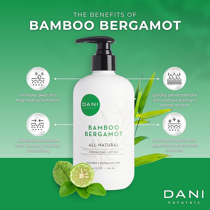 DANI Naturals Hand & Body Lotion - Clean Bamboo Bergamot Scented, Deep Hydration Lotion for Dry Skin, With Shea Butter & Aloe Vera, Natural & Organic Ingredients, Paraben-Free, 12 Oz
