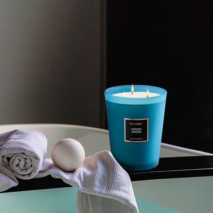 HomeLights Scented Candles | Large Jar Candle - 33.3 Oz. Natural Soy Aromatherapy Candles | Up to 130 Hours Burn Time with 3 Cotton Wicks,Home Decorative Fragrance Candles Gift - French Riviera