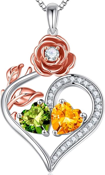 Iefil Rose Heart Birthstone Necklaces for Women - 925 Sterling Silver Double Birthstone Necklace, Anniversary Birthday Gifts for Women, Jewelry Gifts for Wife Her