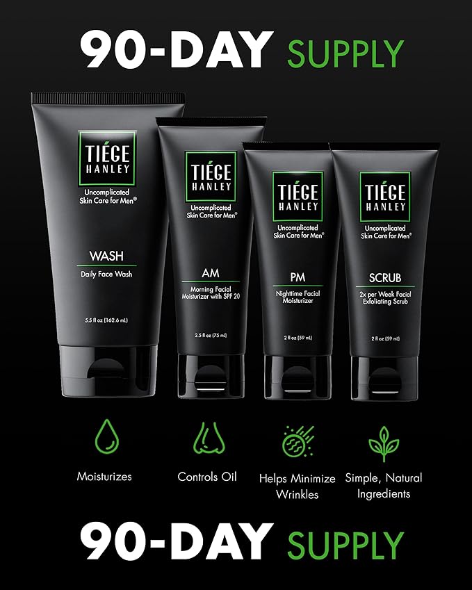 Tiege Hanley 90-Day Large Essential Skin Care Routine for Men (Level 1) - Smooth, hydrate, and protect your skin - Men's Skincare Set Includes Face Wash, Facial Scrub, & AM / PM Moisturizer's