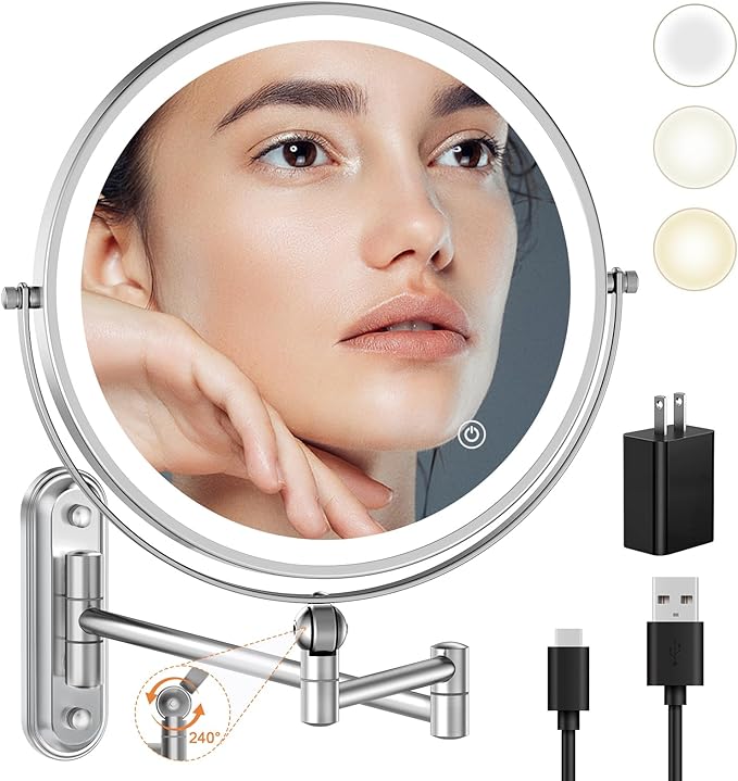 9" Wall Mounted Makeup Lighted Mirror, 4000mAh Rechargeable Double Sided LED Vanity Mirror with Height Adjustable&1X/10X Magnification, 3 Color Lights Touch Screen Dimmable 360°Swivel Bathroom Mirror