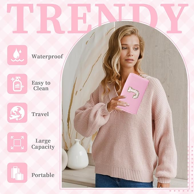 Small Personalized Initial A-Z Patch Makeup Bag,Pink Cute PU Leather Glitter Letter Cosmetic Bag for Teen Girls,Travel Toiletry Bag with Zipper,Preppy Monogrammed Birthday Gift for Daughter Niece J