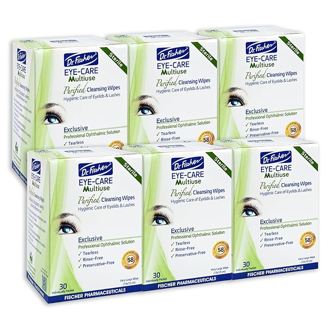 Dr. Fischer Eye Wipes - Hypoallergenic Eyelid Wipes for Everyday Eye Conditions and Gentle Makeup Remover. (6 packs of 30 wipes each)