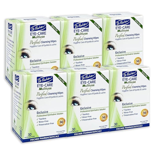 Dr. Fischer Eye Wipes - Hypoallergenic Eyelid Wipes for Everyday Eye Conditions and Gentle Makeup Remover. (6 packs of 30 wipes each)